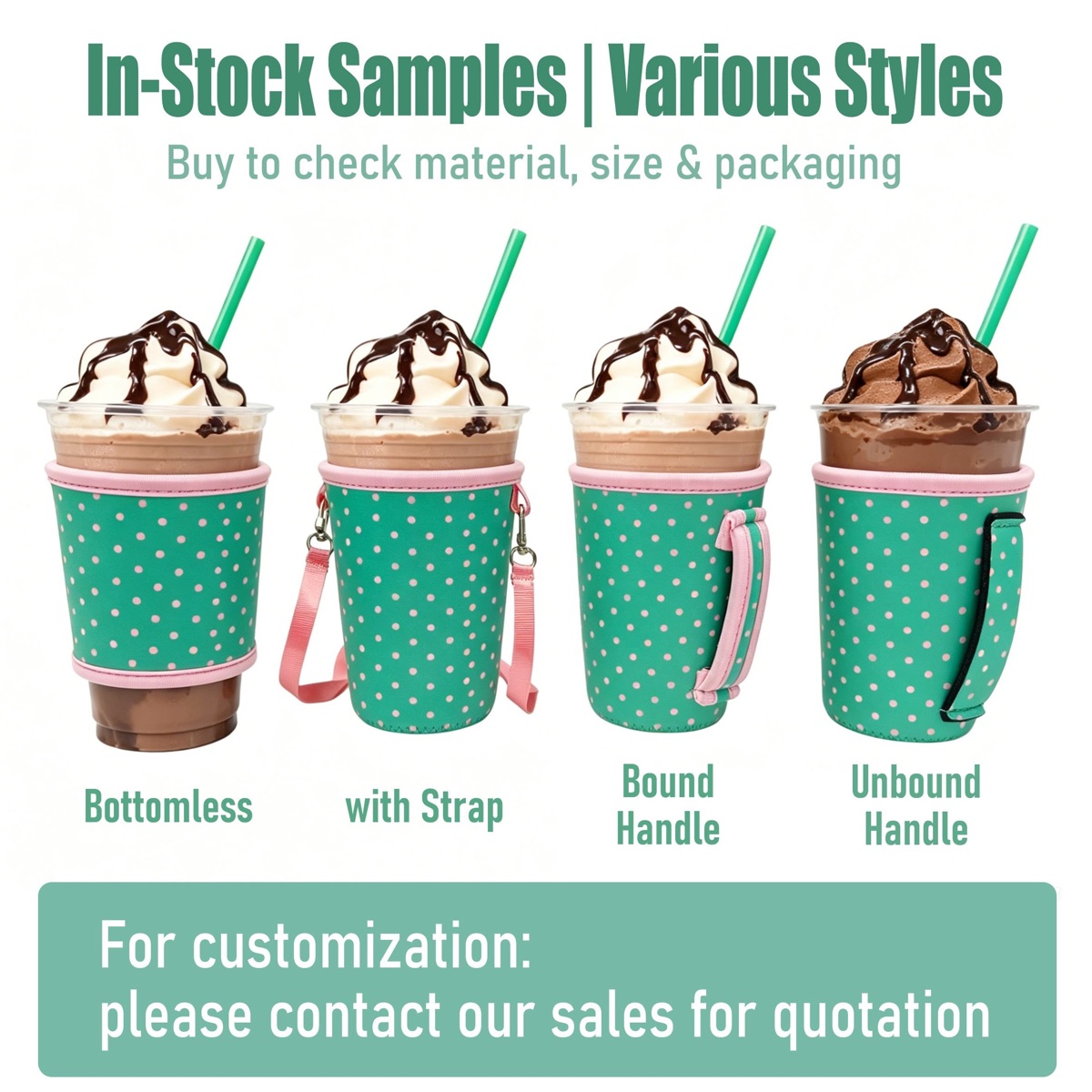 Coffee sleeve sample structures with bottomless, strap, bound handle and unbound handle options